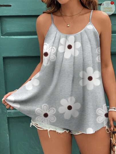 EMERY ROSE Textured Floral Print Casual Elegant Plus Size Camisole And Tank Top, Suitable For Summer Vacation Spring