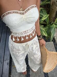 Sunnyshic Women's Apricot Elastic Waist Tie Textured Hollow Paisley Jacquard Loose Casual Pants, Suitable For Bohemian Casual Parties, Music Festivals - Apricot - View 4