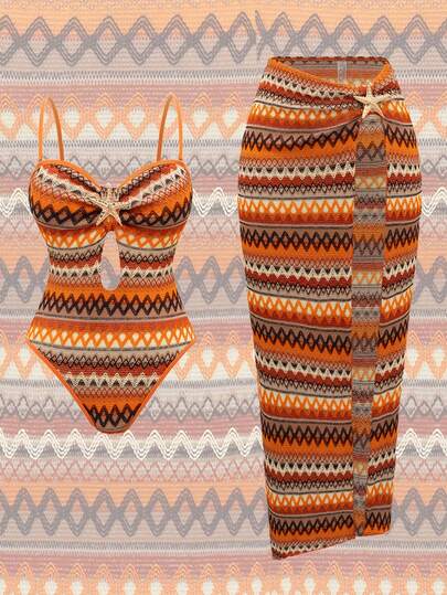 Swim Oasis Traje de baño de una pieza con tirantes finos, tela a rayas y diseño hueco, accesorios metálicos sexys para vacaciones de verano para mujeres