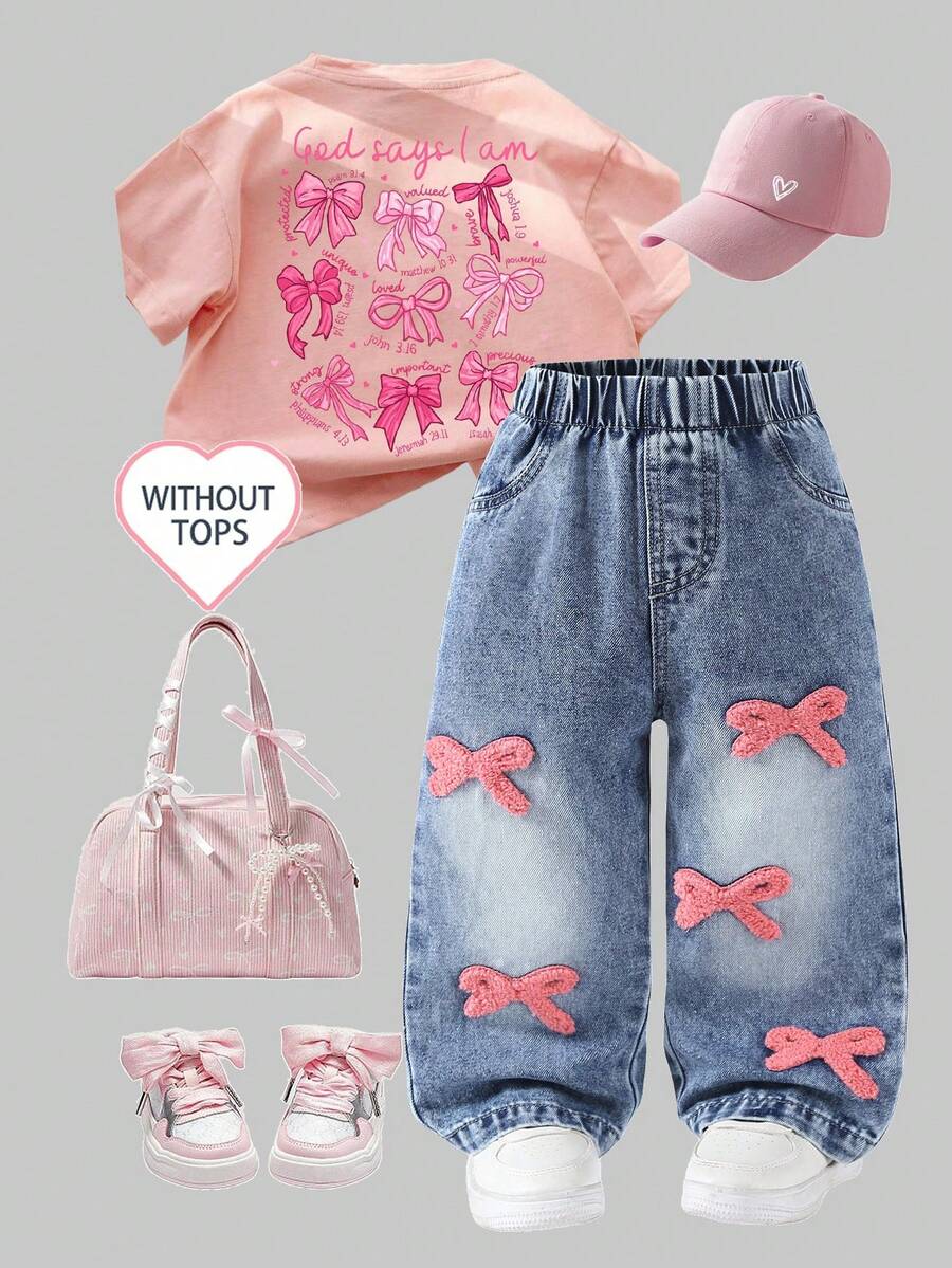 Genkimix Kids 女童可爱牛仔裤,春秋/秋冬款,浅蓝色牛仔布,粉色蝴蝶结刺绣设计,宽松直筒裤型,面料柔软舒适,适合上学、通勤、日常穿着。 - 淺色水洗藍 - 查看 1