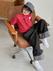 DAZY Young Boy Casual Everyday Commute Minimalist Elastic Waist Cuffed Hem Loose Wide Leg Jeans - Black - View 3