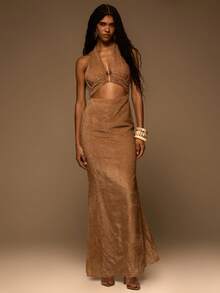 MUSERA Textured Halterneck Cut Out Straight Fit Maxi Dress Spring Summer Elegant Vacation Holiday Ibiza Club Occasion Sexy Evening Wedding Guest Sunset Kiss - Camel - View 1