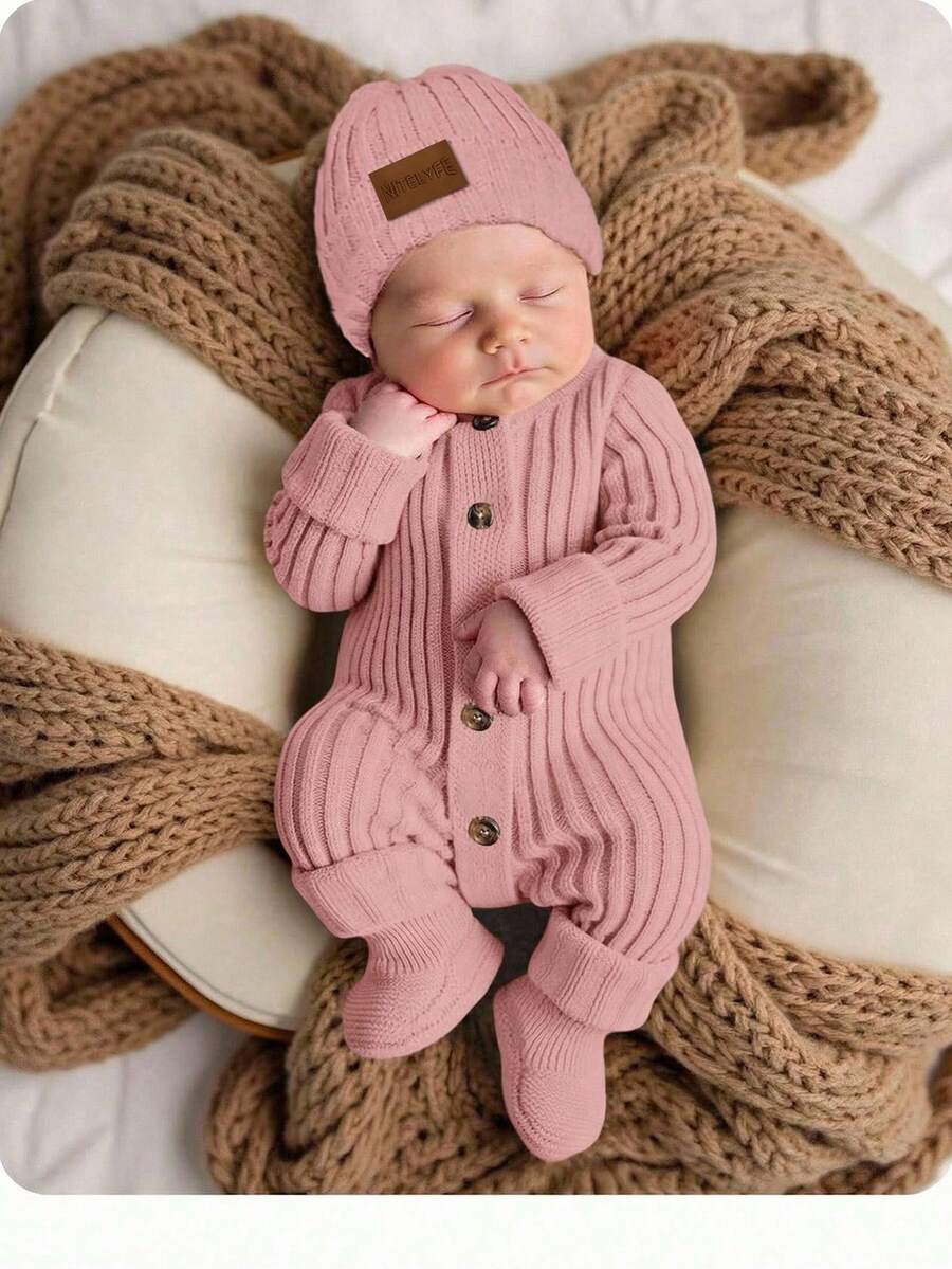 SHEIN 新生女婴可爱秋冬百搭针织连脚裤和帽子套装 - 藕粉色 - 查看 1