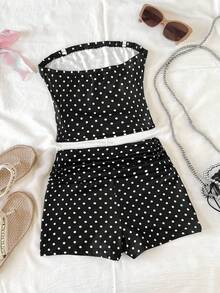 SHEIN Conjunto de top tubo con volantes y shorts con estampado de lunares para niña preadolescente - Negro - Ver 2