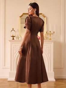 Aveloria Rosie European And American Elegant High-End Satin Material Tulip Sleeve Round Neck Asymmetric Hem Design Women Long Dress - Coffee - View 6