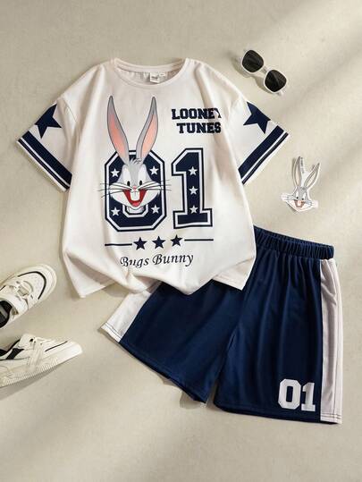 LOONEY TUNES X SHEIN 少女夏季休闲兔子数字印花短袖T恤和短裤套装