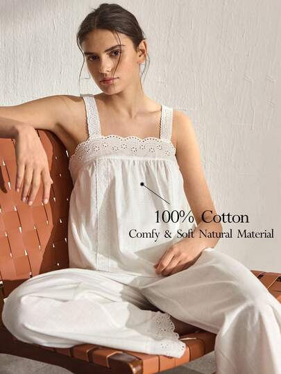 Ocili Women's Hollow Out Embroidery Camisole And Pants Pajama Set