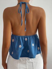 DAZY Women's Summer Vacation Floral Embroidery All-Over Print Spaghetti Strap Casual Tank Top - Blue - View 5