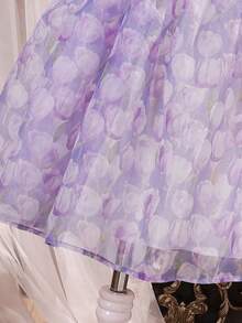 SHEIN 少女雪纺碎花方领泡泡袖蝴蝶结休闲连衣裙 - 彩色 - 查看 8