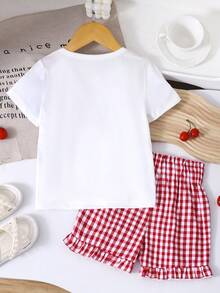Souflis Souflis 2pcs/Set Young Girl Cherry Print Gingham Bow Decor T-Shirt And Ruffle Trim Gingham Short - Red and White - View 2