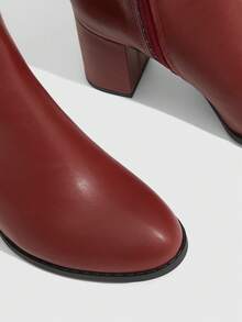 Daringsoles 女士经典圆头粗跟长靴，PU皮革侧拉链过膝长靴，休闲舒适优雅性感时尚女士冬季靴，黑色长靴，适合圣诞节穿着 - 酒紅1 - 查看 5