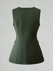 Elenzga Áo kiểu công sở thanh lịch dành cho nữ, cổ chữ V, không tay, cài khuy hai lớp, đính cúc kim loại cỡ lớn, thích hợp cho mùa xuân/hè. - xanh quân đội - Xem 2