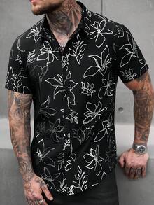 Manfinity Homme 男士休闲装，度假必备：黑色短袖衬衫，简约数码印花，宽松版型，纽扣开合。男女通用，纽扣衬衫，黑白衬衫。男士经典款，适合日常休闲、周末旅行、户外活动、探险旅行、轻松的工作环境或半正式场合，也可作为男友/丈夫礼物、周年纪念/生日礼物、派对、暑假、婚礼、春夏交替、狂欢节等场合穿着。男士黑色印花短袖纽扣衬衫，时尚夏威夷风情上衣，黑白男士衬衫，男士印花纽扣衬衫，男士花衬衫，芙蓉花衬衫，黑白夏威夷衬衫。 - 黑色 - 查看 5