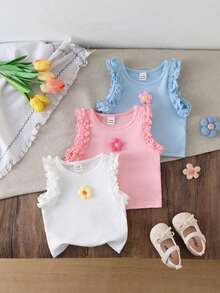 SHEIN 3件套女婴休闲上衣，包括粉色、白色和蓝色纯色罗纹无袖背心，饰有花朵图案，舒适透气，适合6个月至3岁婴幼儿夏季室内外穿着。 - 彩色 - 查看 8