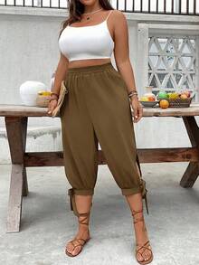 SHEIN CURVE+ Plus Size High Waist Drawstring 7/8 Pants, Spring/Summer - Coffee Brown - View 5