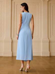 ZEYLAH 女士简约优雅水钻褶皱中长连衣裙 - 藍色 - 查看 3