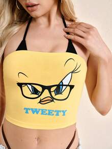LOONEY TUNES X SHEIN Women's Letter & Cartoon Print Halter Neck Top, - Yellow - View 3