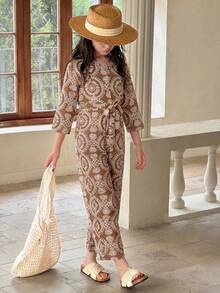 DAZY Tween Girls' V-Neck Tie Front Casual Everyday Jumpsuit - Brown - View 4