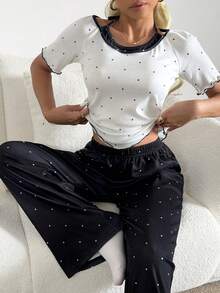 DAZY 2件套女士波点印花无袖上衣和直筒长裤睡衣套装，夏季 - 白色 - 查看 6