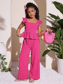 少女休闲日常度假短袖纹理紫红色背心和裤子套装 - 玫紅色 - 查看 4