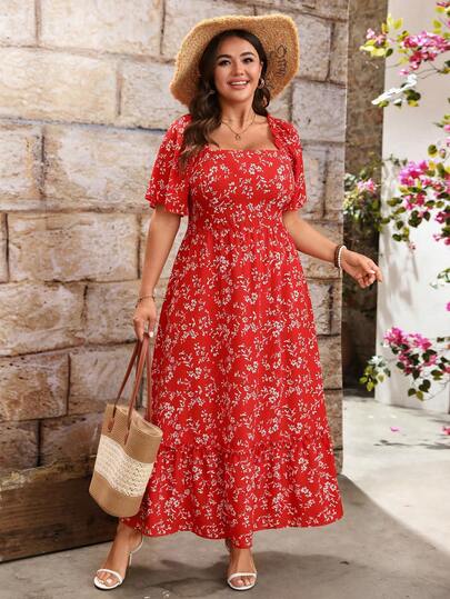 Breezaya Vestido de talla grande con cuello cuadrado, mangas de globo y estampado floral vintage de estilo romántico y elegante