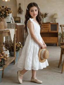 SHEIN Vintaside Kids 女童蕾丝边蝴蝶结吊带度假连衣裙，白色 - 白色 - 查看 1