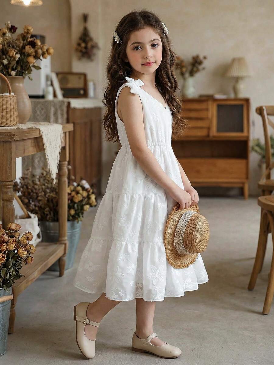 SHEIN Vintaside Kids 女童蕾丝边蝴蝶结吊带度假连衣裙，白色 - 白色 - 查看 1
