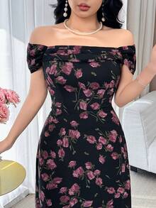 Feyla Plus Size Elegant Floral Print Off Shoulder Dress, Summer Wedding Guest Black And White - Black - View 5