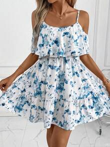 Clasi Vestido minielegante de mujer con estampado floral y hombros al descubierto, vestido casual cómodo para vacaciones y playa - Azul - Ver 4