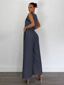 Siren Gaze 女士夏季两件套，撞色滚边上衣搭配纯色休闲宽松裤，日常休闲/工作装，女士工作服，女士两件套，商务休闲两件套，正式两件套，女士两件套服装 - 中等水洗藍 - 查看 2