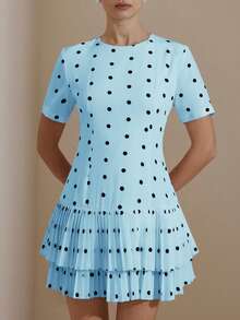 BELROSIE Black & White Polka Dot Print Round Neck Waist Cinched Short Sleeve All-Match Silhouette Hem Layered Ruffle Casual Versatile Women Dress - Blue - View 5