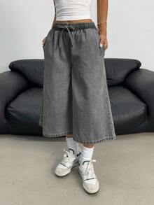 SHEIN Quần jean ống rộng dáng suông, cạp chun, chất liệu denim sáng màu, kiểu dáng Y2K dành cho nữ tuổi teen, thích hợp cho kỳ nghỉ hè, đi biển, phong cách boho, đi xem hòa nhạc, lễ hội, tiệc tùng, đi nhà thờ hay lễ tốt nghiệp. - màu đen - Xem 3