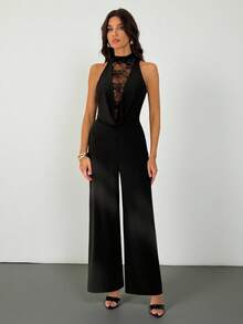 SHEIN Tall 女士纯色蕾丝拼接无袖连体裤，黑色蕾丝边连体裤，适合派对、正式场合、鸡尾酒会、节日活动、圣诞节服装和新年服装。 - 黑色 - 查看 8