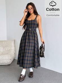 SHEIN PETITE 女士格子吊带连衣裙，教师装，休闲连衣裙，秋季连衣裙，7月4日女士服装，长裙 - 彩色 - 查看 10