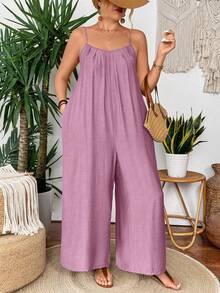 SHEIN Clasi Bộ áo liền quần ống đứng màu xanh nhạt, xếp ly phía trước. - Hồng - Xem 4