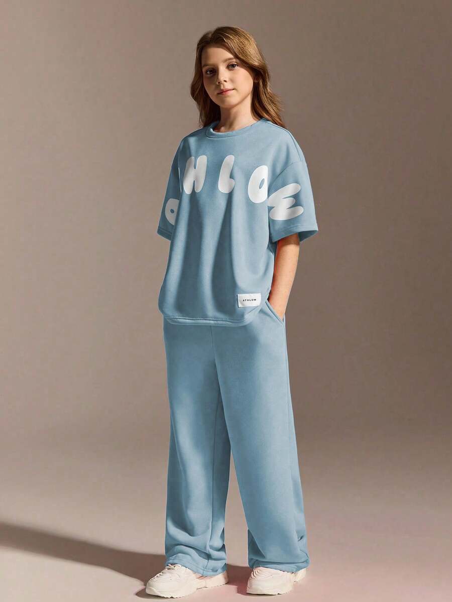 SHEIN 青少年女孩休閒運動套裝,圓領寬鬆大尺寸,可愛,校園,返校季 - 藍色 - 查看 1