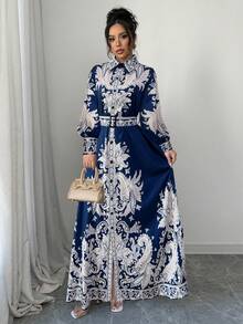 Elenzga Đầm suông dài tay in họa tiết cổ điển thời trang cỡ lớn cho nữ, phong cách cung điện - Màu xanh lam - Xem 4