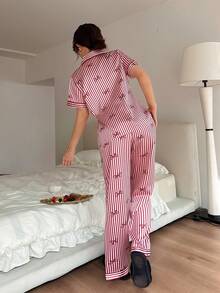 Dream Adore Bộ đồ ngủ ngắn tay cổ nơ kẻ sọc bằng lụa giả dành cho nữ - Màu Đỏ Sâu - Xem 3