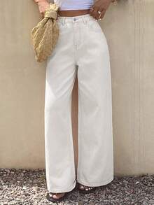 Livesso Petite Jeans de pierna ancha de unicolor versátiles y casuales para mujer, verano - Blanco - Ver 5