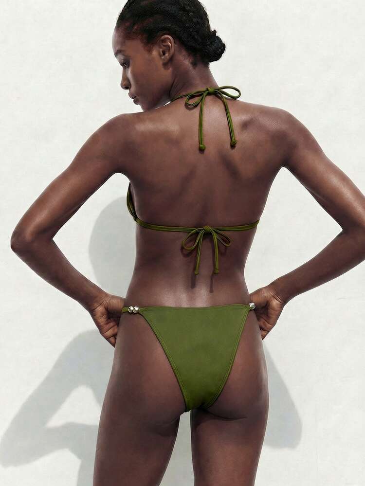 SHEIN Maija Women's Halter Neck Spaghetti Strap Triangle Bikini Set, Summer Glitter Bikini Olive Green Bikini Sequin Bikini Textured Bikini Green Bathing Suits For Women Women's Bikini Sets Bikinis For Women Sets 2580198 Bikini Women's Bathing Suit Women's Swimsuit 2 Pieces Beach Vacation Outfits For Women