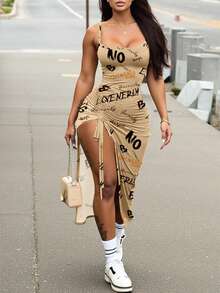 SHEIN Women Letter Print Drawstring High Split Cami Dress For Summer - Multicolor - View 1