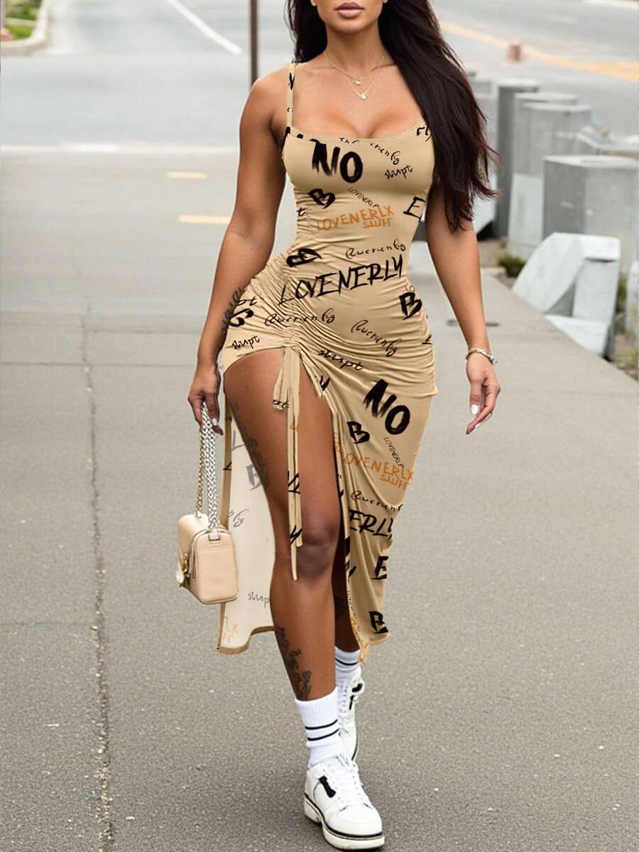 SHEIN Women Letter Print Drawstring High Split Cami Dress For Summer - Multicolor - View 1