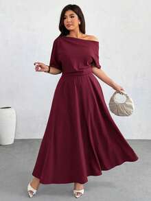 Firerie Vestido asimétrico de cuello minimalista y unicolor para tallas grandes - Burdeos - Ver 4