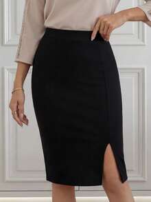 Miaspire Women Minimalist Solid Color Slit Pencil Skirt - Black - View 3