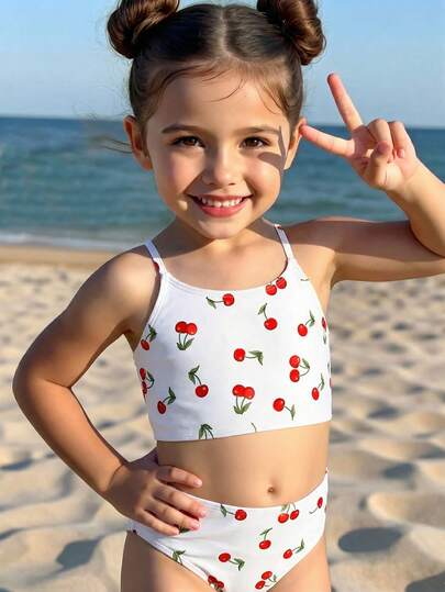 SHEIN 女童休闲可爱复古樱桃印花修身吊带背心和三角比基尼泳衣套装，适合夏季休闲度假，#Coconutgirl，可爱夏季外出穿搭，夏季儿童单品，夏季外出装备，韩版风格，返校季，返校节，复古风