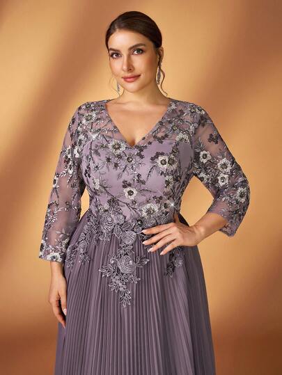 Serin Plus Size Elegant Romantic Purple Deep V Sheer 3/4 Sleeve Waist Applique Luxury Embroidered Patchwork Chiffon A-Line Dress, Suitable For Wedding, Party, Celebration, Bridal Mother Gown