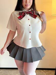 Flirla Plus Size White Casual Minimalist Shirt, Versatile Short Sleeve Summer - White - View 8