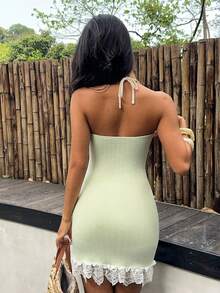 Sunnyshic 蝴蝶结饰边钩编女士吊带迷你连衣裙 - 綠色 - 查看 2