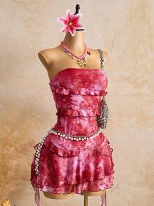 Swim Vcay 女士度假植物印花荷叶边无肩带连衣裙 - 玫紅色 - 查看 3