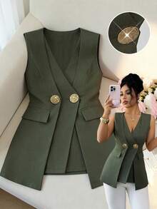 Elenzga Áo kiểu công sở thanh lịch dành cho nữ, cổ chữ V, không tay, cài khuy hai lớp, đính cúc kim loại cỡ lớn, thích hợp cho mùa xuân/hè. - xanh quân đội - Xem 6